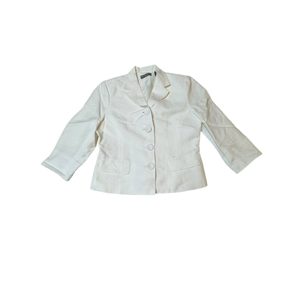 Kate Hill Petite White Dressy Linen & Viscose Button-Up Lined Blazer Size 6P GUC